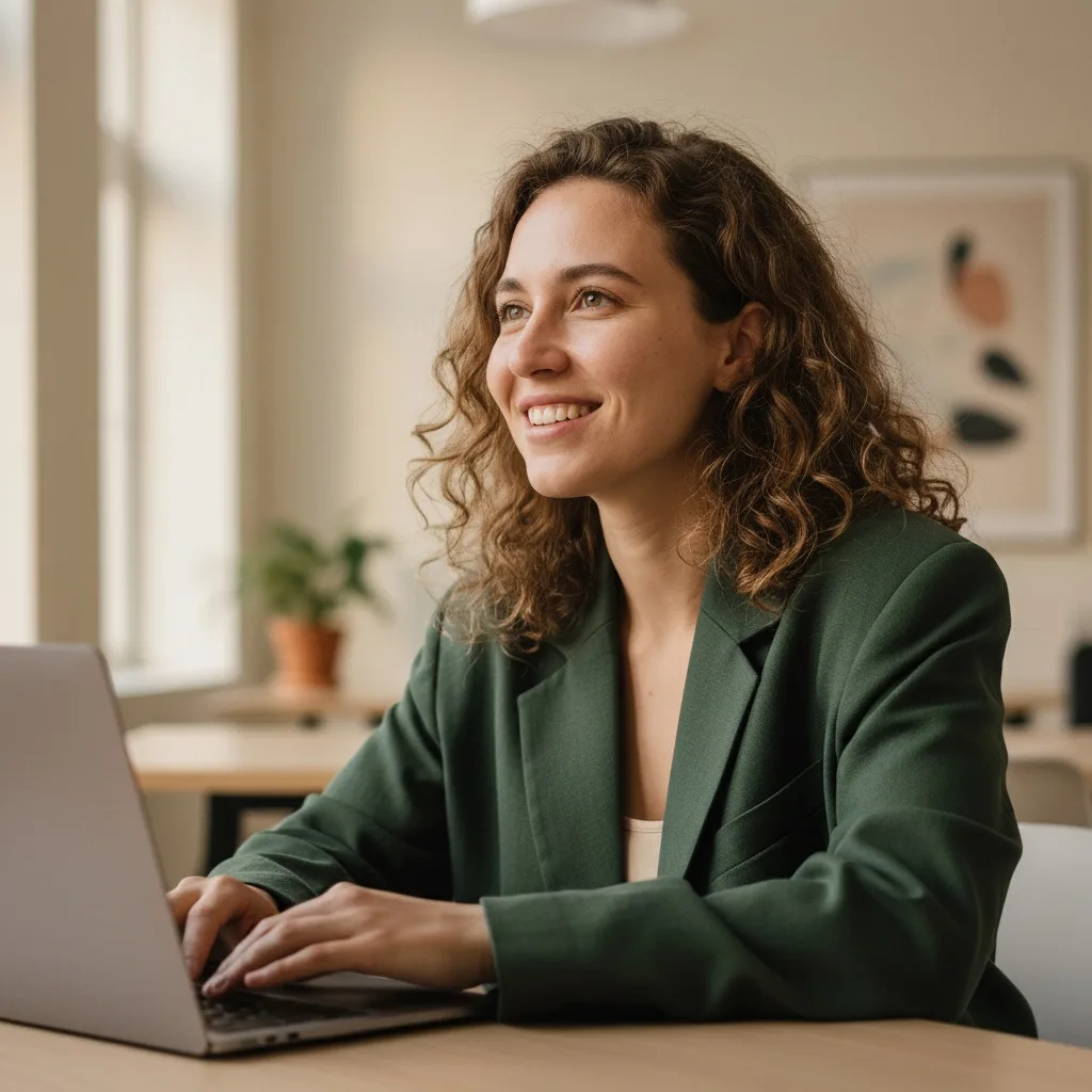 Lächelnde Person arbeitet am Laptop